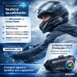 Fone De Ouvido Para Capacete Intercomunicador Bluetooth Headset Rgb Sem Fio Música GPS Chamadas Handsfree Alta Potência Woosh - Imagem 3
