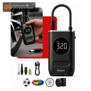 Mini Compressor Digital Portátil Rezzet para Carro Moto e Bicicleta com Calibrador Digital Inflador Elétrico de Pneus 12V Display LCD Lanterna LED Compacto e Recarregável Preto - Imagem 1