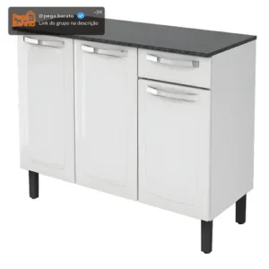 Balcão de Cozinha Itatiaia Aço 3 Portas 1 Gaveta Com Tampo de 105 CM Modelo Rose Branco Neve - Imagem 1