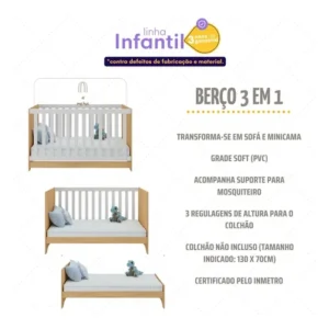 Berço Americano 3 em 1 para Colchão 130x70cm Multimóveis 0527PA Madeirado/Branco - Imagem 4
