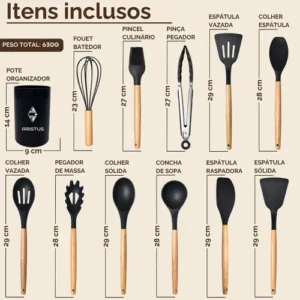 Kit C/12 Utensílios De Cozinha Silicone Cabo Madeira - Imagem 6