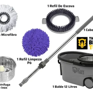 Esfregão Mop 360° Balde Inox Com Rodas Microfibra 16 Litros Cabo Longo Alça Cinza TBBL04 The Black Tools - Imagem 3