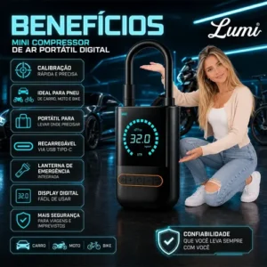 Compressor de Ar Digital Portátil Lumi, para Pneus de Carro, Moto e Bike, com Tela LED - Imagem 2