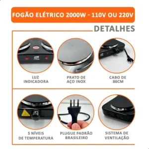 Fogão de Mesa Elétrico INMA de 2 Bocas para Camping e Viagem, em Inox - Imagem 6