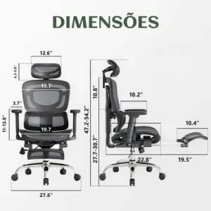Cadeira De Escritório Ergonômica Mônaco Bt07 Luvinco Malha Respirável Com Suporte Lombar Adaptável Apoio Para Pés Retrátil Encosto Ajustável Seis Posições Cor Preta Suporta 200kg - Imagem 9