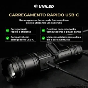 Lanterna Tática Recarregável Atualizada Led Visor Digital Zoom Telescopico ABS 3 Modos Iluminação Uniled - Imagem 7
