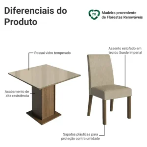 Sala De Jantar Estofada Madesa Evelin Mesa Tampo Vidro Com 4 Cadeiras Cor Rustic/Crema/Imperial MDJA0401037GSIM - Imagem 5