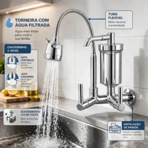 Torneira De Cozinha Com Filtro Gourmet 2 Jatos Tubo Flexível Refil Carvão Ativado Água Filtrada Purificada Marca Forte Lar Metais Parede Prateado Cromado Parede Cromado - Imagem 8