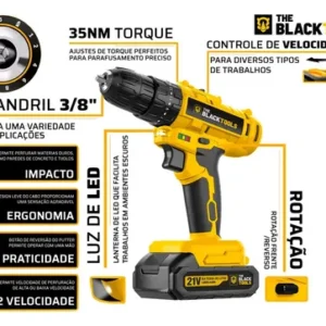 Parafusadeira Furadeira De Impacto A Bateria 21V 3/8” Bivolt 1400 Rpm Com Acessórios E Maleta TB-21PZW The Black Tools - Imagem 3