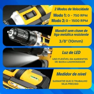 Parafusadeira Furadeira C/ 2 Baterias Maleta Kit Completo Led Eixo Flexível Vários Níveis Torque Simake - Imagem 3