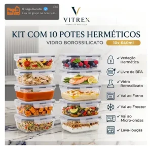 Kit 10 Pote De Vidro Marmita Hermético 640ml Freezer Fitness Vitrex - Imagem 1