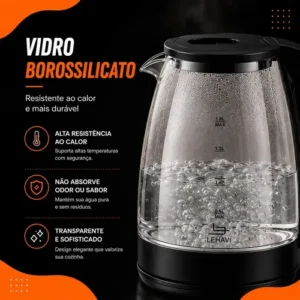 Chaleira Elétrica de Vidro 1,8 Litros Aquecimento Rápido Desligamento Automático Jarra Transparente Resistente Tampa de Fácil Abertura Ideal para Café Chá Leite e Bebidas Quentes Hold On - Imagem 5