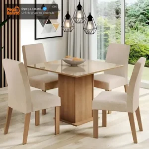 Sala De Jantar Estofada Madesa Evelin Mesa Tampo Vidro Com 4 Cadeiras Cor Rustic/Crema/Imperial MDJA0401037GSIM - Imagem 1