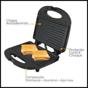 Sanduicheira Grill 2 Em 1 Kian Preta Elétrica 750w Cor Preto,Seu Mixto Quente Ultra Rápido, e Outros Petiscos - Imagem 3