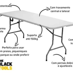 Mesa Dobrável Vira Maleta Com Alça Portátil 1.80m Para Camping Pesca Jardim Área Externa Tft1800 The Black Tools - Imagem 6
