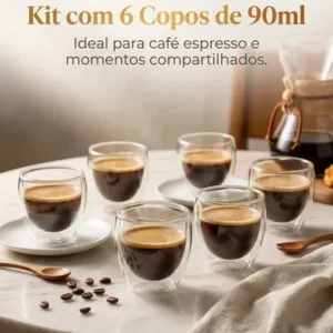 Copos Café Vidro Kit 6 Parede Dupla 90ml Borossilicato Transparente Expresso - Imagem 3