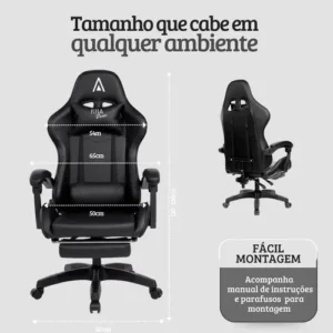 Cadeira Gamer Ergonômica Alpha Rija de Couro Sintético Preta - Imagem 8