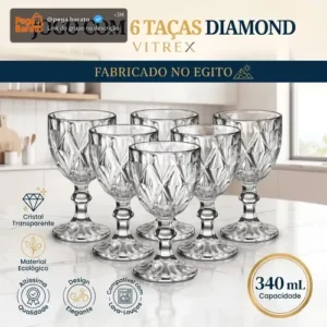Jogo 6 Taças de Cristal 340ml Diamond Transparente Lapidado Vitrex - Imagem 1