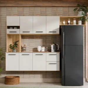 Armário de Cozinha Completa Aéreo 7 Portas e 2 Gavetas Planejada Suspenso Branco Off White Carvalho Nature Amadeirado - Imagem 6