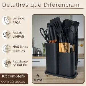Kit Utensílios Silicone C/ Cabo De Madeira E Facas Em Inox - Imagem 3