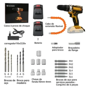 Ecosen Parafusadeira Furadeira Sem Fio 8Ah Bateria Duas Baterias Amarela 60hz - Imagem 7