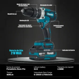 Parafusadeira Furadeira Impacto 13mm Brushless 21v 2 Bateria - Imagem 10
