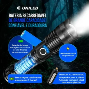 Lanterna Tática Militar T9 Mais Forte do Mundo Led Super Potente Zoom Telescópico Recarregável Aluminio Resistente Água Poeira Sitio Fazenda Uniled - Imagem 8