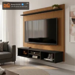 Painel TV Ripado Preto 3D com Nichos e Prateleira 50 Polegadas - Imagem 1