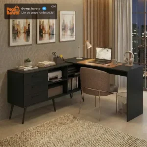 Mesa de Escritório em L com 3 Gavetas Porto Multimóveis MP6044 Preto - Imagem 1