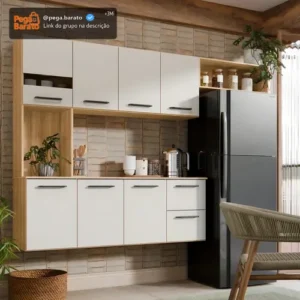 Armário de Cozinha Completa Aéreo 7 Portas e 2 Gavetas Planejada Suspenso Branco Off White Carvalho Nature Amadeirado - Imagem 1