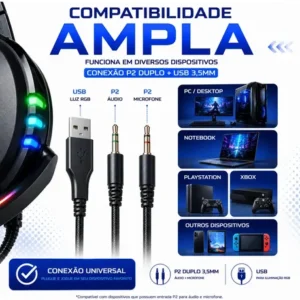Headset Gamer RGB Led Com Microfone P2 P/ PC PS4 PS5 Xbox Celular Notebook Surround 5.1 Landara - Imagem 6