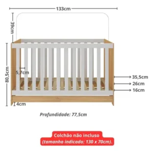 Berço Americano 3 em 1 para Colchão 130x70cm Multimóveis 0527PA Madeirado/Branco - Imagem 8