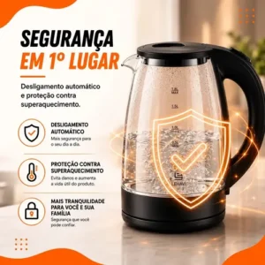 Chaleira Elétrica de Vidro 1,8 Litros Aquecimento Rápido Desligamento Automático Jarra Transparente Resistente Tampa de Fácil Abertura Ideal para Café Chá Leite e Bebidas Quentes Hold On - Imagem 8