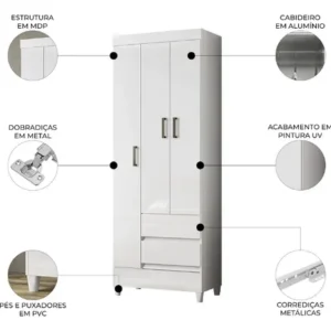 Guarda Roupa Solteiro 70cm 3 Portas Thales Branco S01 - Imagem 3