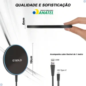 Carregador A'Gold Sem Fio 20W Magnético Indução Preto iPhone Samsung - Imagem 2