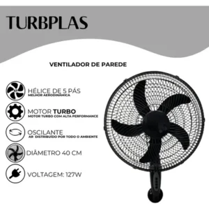 Ventilador Parede Preto 3 Velocidades - 44cm - Imagem 5
