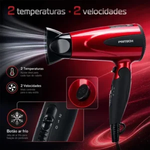 Secador de Cabelo Pritech Profissional Portátil 1200W Com Ar Frio para Viagem e Cabelos Cacheados - Imagem 3