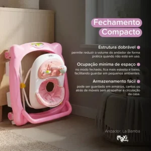 Andador Infantil Musical Para Bebê Empurrador Compacto 3 Ajustes de Altura La Bamba Maxi Baby - Rosa - Imagem 8