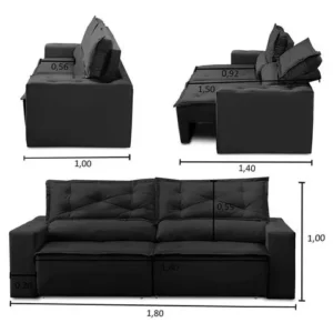 Sofá Retrátil E Reclinável Com Molas 1,80m Livia Suede Preto - Imagem 4