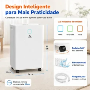Desumidificador Compressor 8L/Dia, Silencioso, Antimofo, Área Até 120m², Controle Wi-Fi, Drenagem Contínua, Timer 24h, Display Digital, Filtro Removível, Para Quartos e Salas, Airluma - Imagem 7