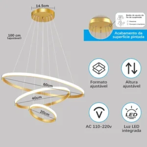 Lustre Led Sala Moderno 60w, 3 Arcos Pendente Luminária Teto - Imagem 4
