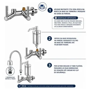 Torneira De Cozinha Com Filtro Gourmet 2 Jatos Tubo Flexível Refil Carvão Ativado Água Filtrada Purificada Marca Forte Lar Metais Parede Prateado Cromado Parede Cromado - Imagem 7