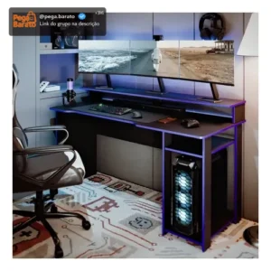 Escrivaninha Mesa Gamer Para Computador PC Dois Andares Com Espaço Com Monitores E CPU Escritório, Quarto Espaçoso Cor Azul - Imagem 1