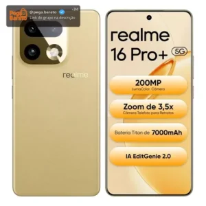 Smartphone Celular Realme 16 Pro+ 512gb 12gb Ram (+ 14 virtual ram boost) 5g Dual Sim, Câmera Lumacolor 200 Mp, SnapDragon 7 Gen4 Rocket, 7000mah, 80w, Ip69 Pro 144hz, Video 4k Fullfocal Hdr Dourado - Imagem 1
