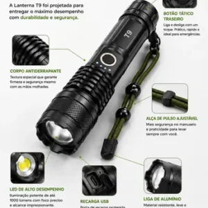 Lanterna Tática Militar T9 Mais Forte Do Mundo Profissional Lanterna Potente Led Mais Forte Do Mundo Acampamento Viajens Caça Camping - Commlite Branco Preto - Imagem 5
