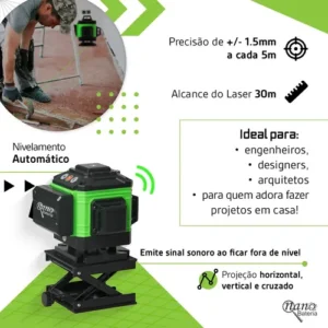 Kit Nível A Laser Verde 12 Linhas Esquadro + Suporte + Tripé Recarregavel Profissional Prumo Autonivelante Nano Bateria - Imagem 3