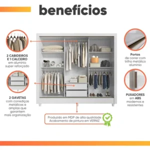 Guarda Roupas Casal 3 Portas Correr 2 Gavetas França Andirá Branco - Imagem 4