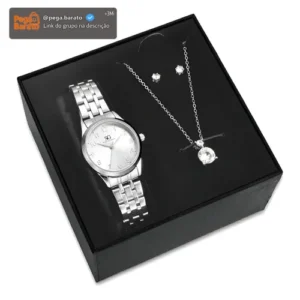 Kit Relógio Colar E Brincos Ponto De Luz Feminino Luxo Silver Saint Germain Presente Original Joias Prata Elegante Clássico 28mm - Imagem 1