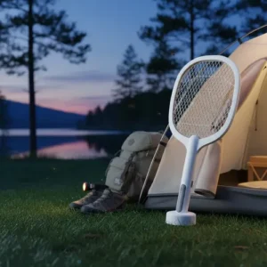 Raquete Elétrica Mata Pragas Mosquitos Com Base Usb Luz Led Cor Branco - Imagem 5