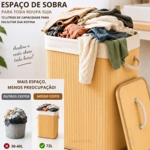 Cesto Organizador De Roupa Bambu Dobrável Retangular Com Tampa Forro e Alças 72 Litros Grande Capacidade Reforçado Caixa Organizadora para Brinquedos - Marca Camperluz - Imagem 4